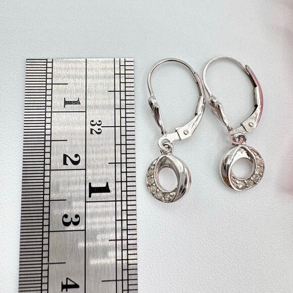 OTC 925 Diamond Wave Circle Dangle Leverback Earrings Dainty Bridal Wedding Tiny - Picture 11 of 13
